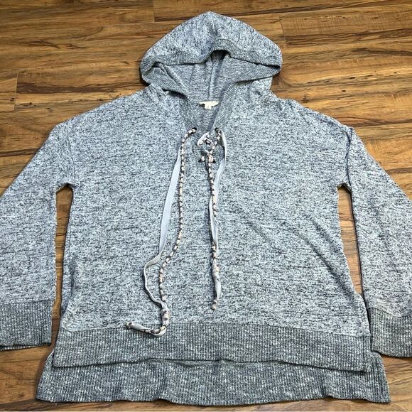 Hem & Thread Gray Hooded Sweater Womens Small Hooded With Tie Front - Picture 2 of 9
